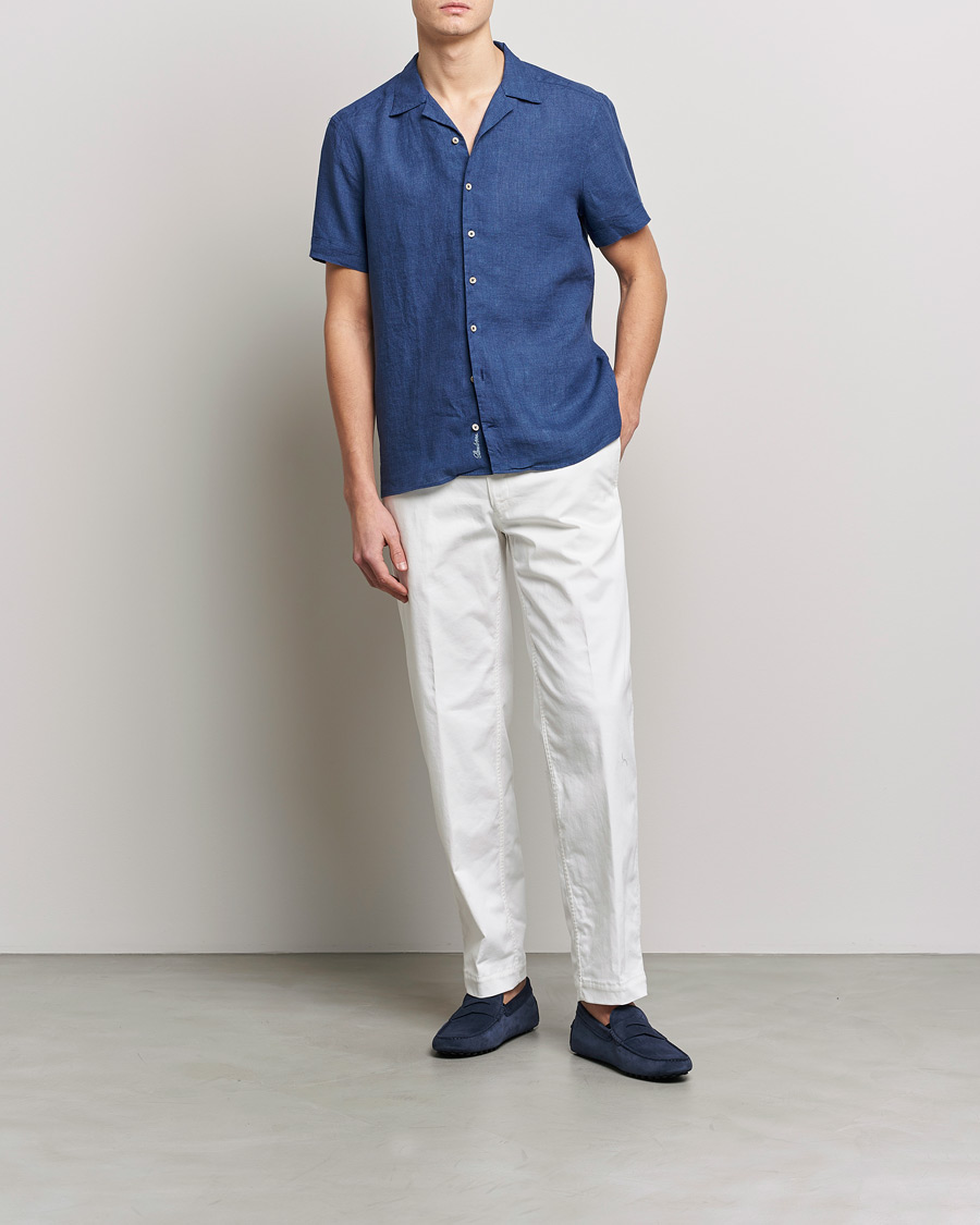 Homme | Chemises | Stenströms | Slimline Short Sleeve Resort Linen Shirt Blue