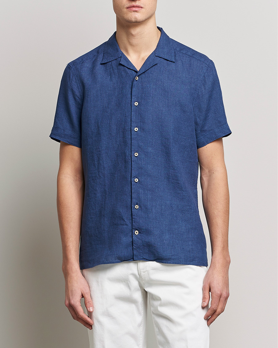 Homme | Chemises | Stenströms | Slimline Short Sleeve Resort Linen Shirt Blue