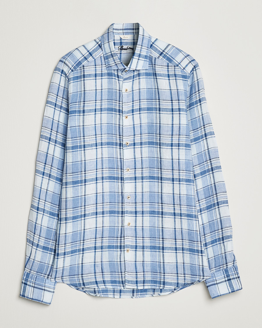 Heren | Overhemden | Stenströms | Slimline Cut Away Checked Linen Shirt Blue