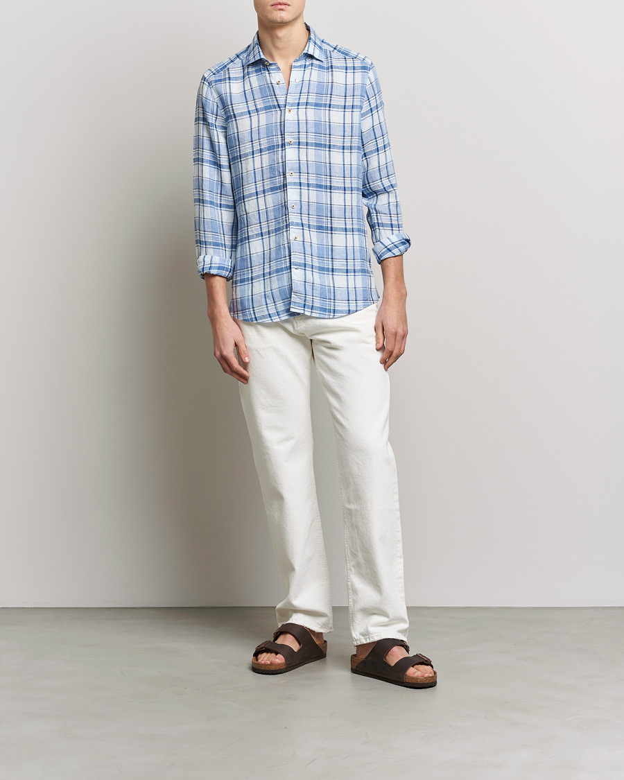 Heren | Overhemden | Stenströms | Slimline Cut Away Checked Linen Shirt Blue