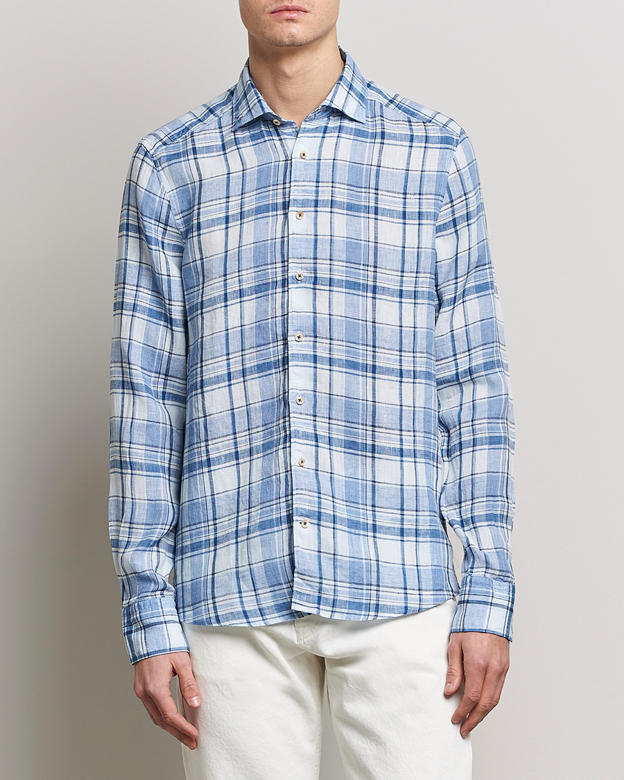 Heren | Overhemden | Stenströms | Slimline Cut Away Checked Linen Shirt Blue