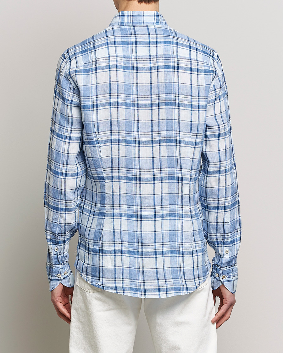 Heren | Overhemden | Stenströms | Slimline Cut Away Checked Linen Shirt Blue