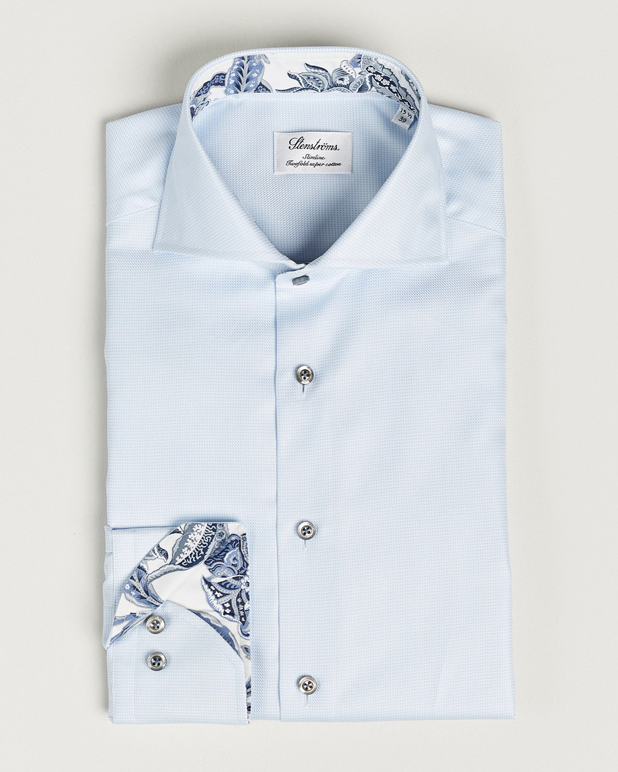 Heren | Overhemden | Stenströms | Slimline Houndstooth Contrast Shirt Blue