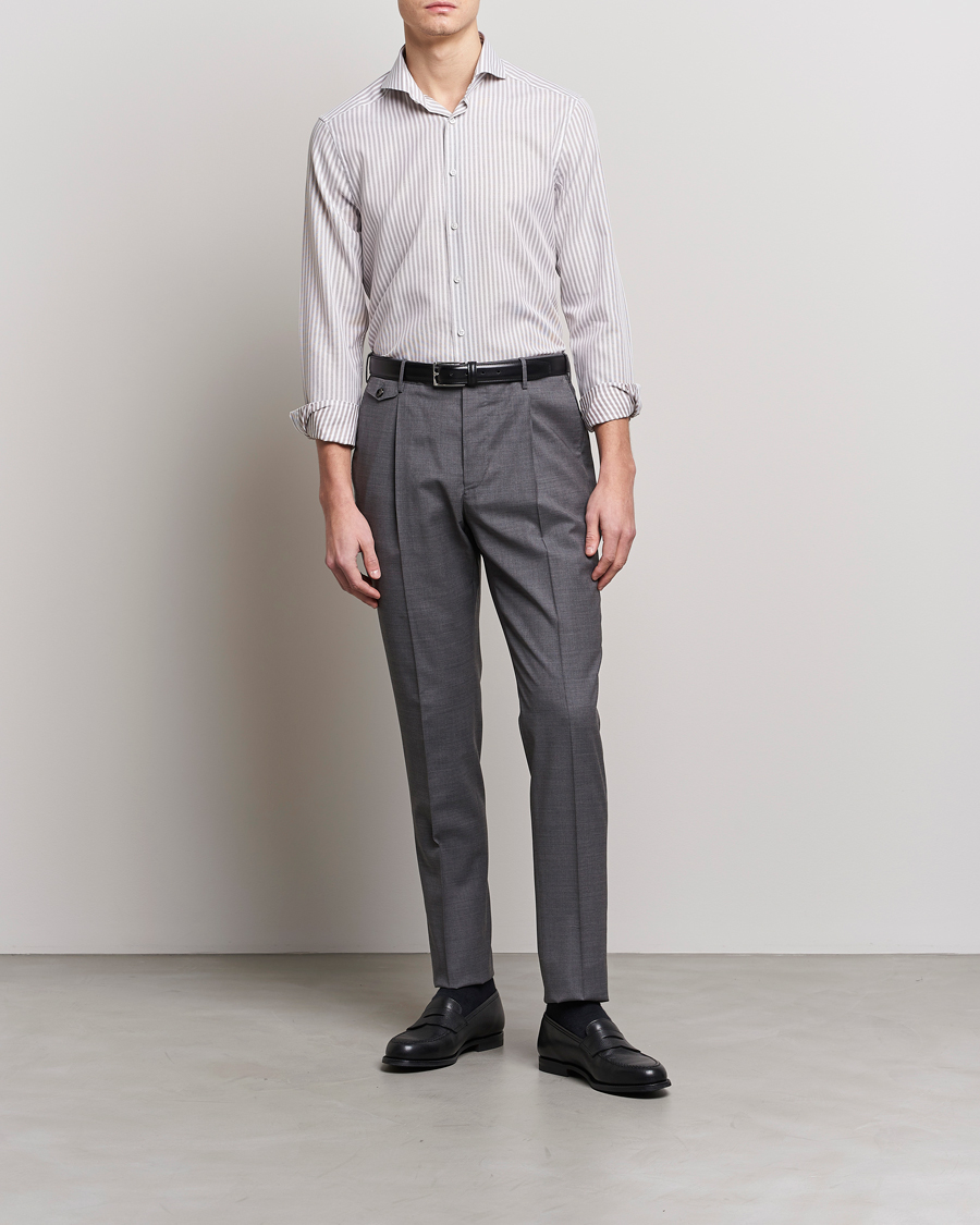 Homme | Chemises | Stenströms | Slimline Cut Away Structure Striped Shirt Brown