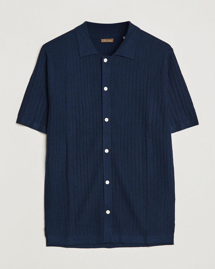 Heren | Polo's | Stenströms | Merino/Lyocell Ribbed Buttoned Polo Shirt Navy
