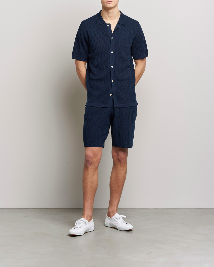 Heren | Polo's | Stenströms | Merino/Lyocell Ribbed Buttoned Polo Shirt Navy