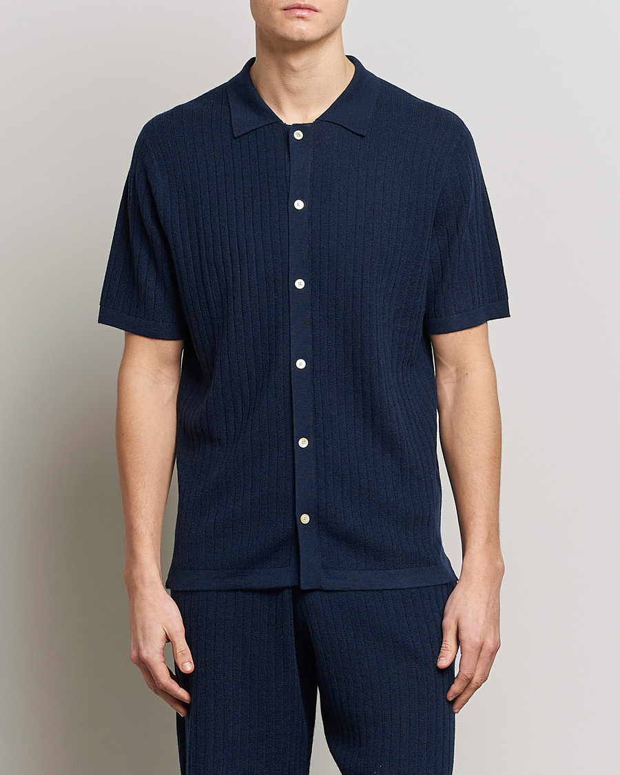 Heren | Polo's | Stenströms | Merino/Lyocell Ribbed Buttoned Polo Shirt Navy