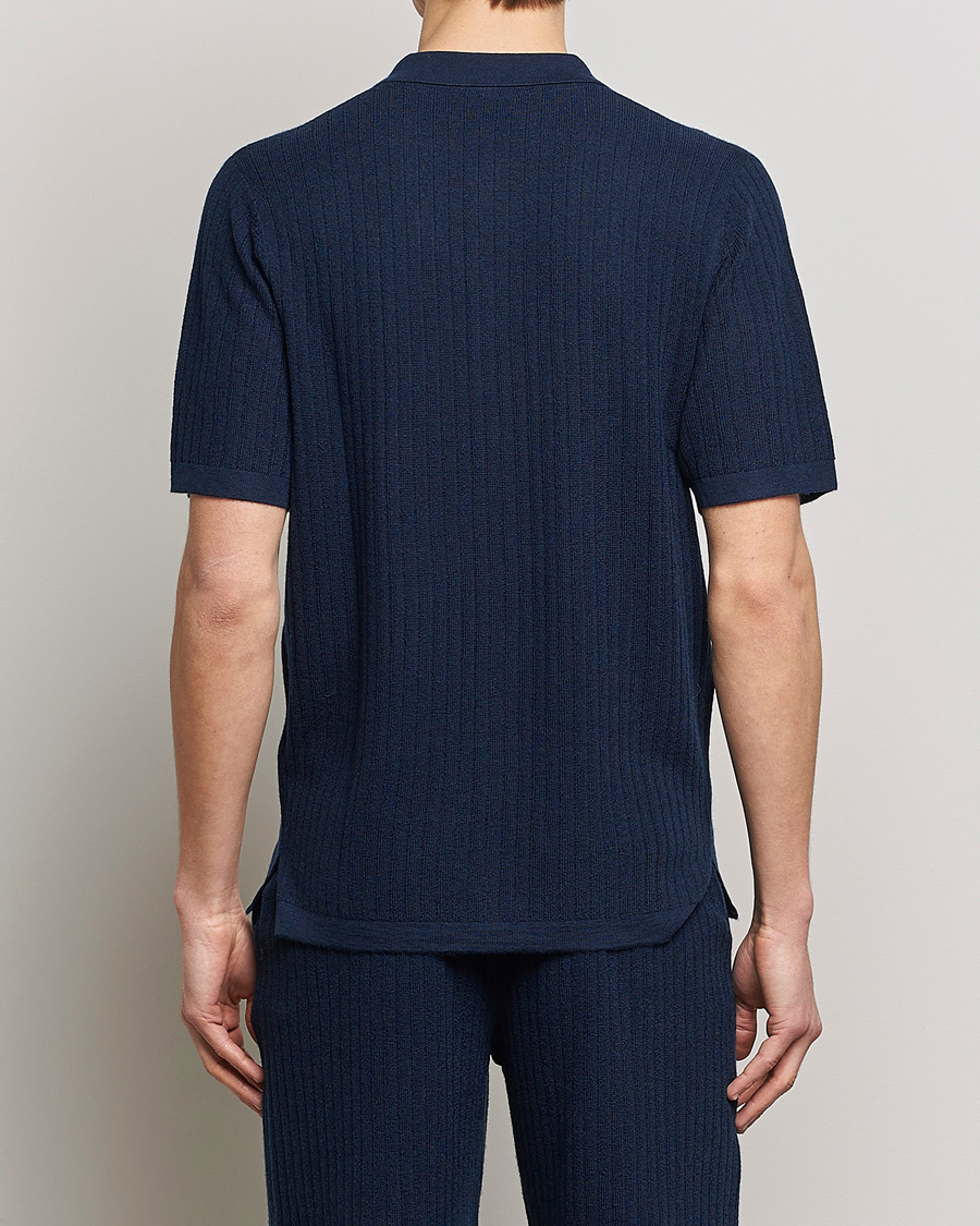 Heren | Polo's | Stenströms | Merino/Lyocell Ribbed Buttoned Polo Shirt Navy