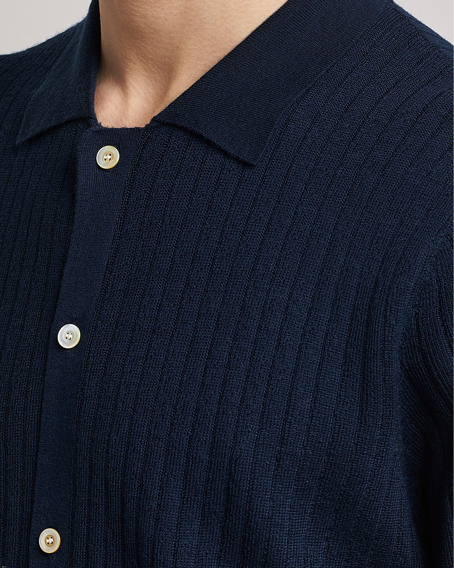 Heren | Polo's | Stenströms | Merino/Lyocell Ribbed Buttoned Polo Shirt Navy