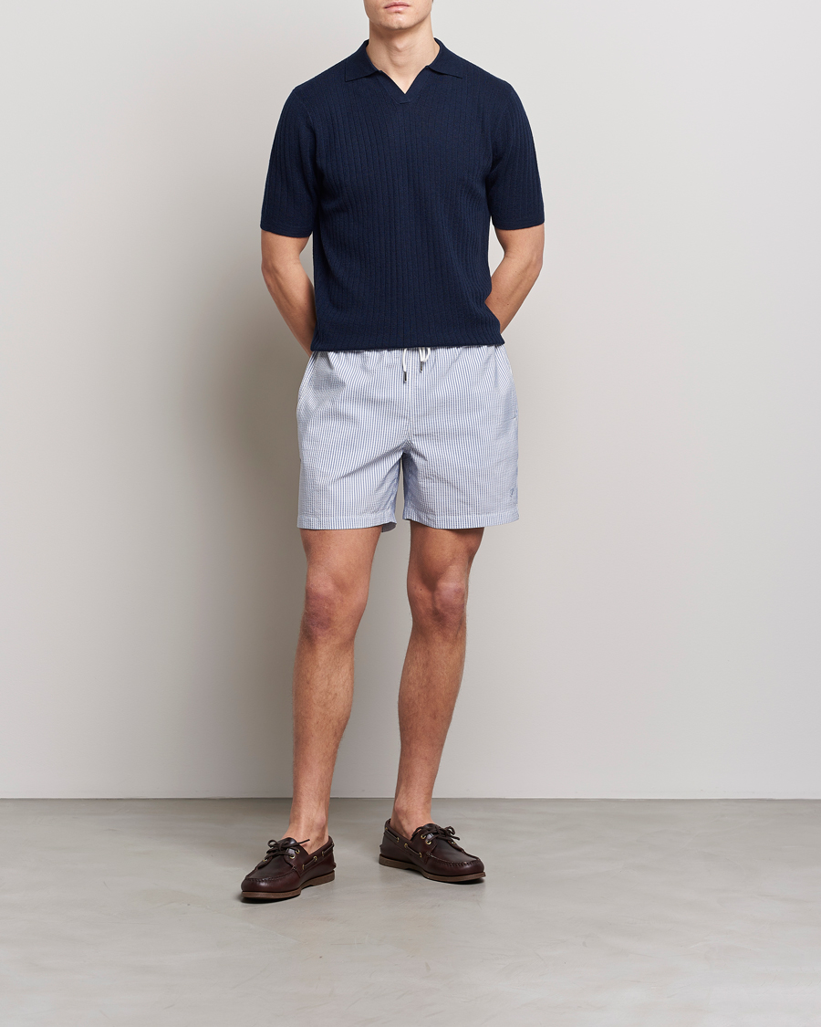 Homme | Polos | Stenströms | Merino/Lyocell Ribbed Open Collar Polo Navy