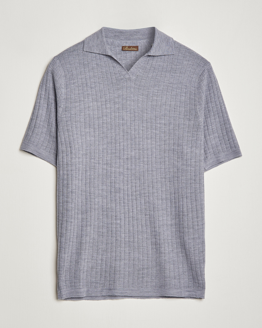 Heren | Polo's | Stenströms | Merino/Lyocell Ribbed Open Collar Polo Grey