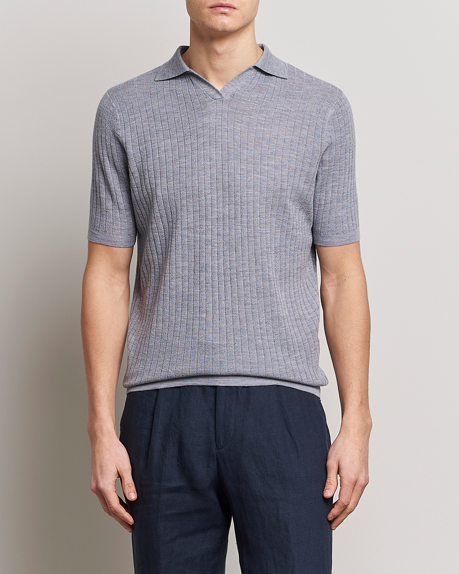 Heren | Polo's | Stenströms | Merino/Lyocell Ribbed Open Collar Polo Grey