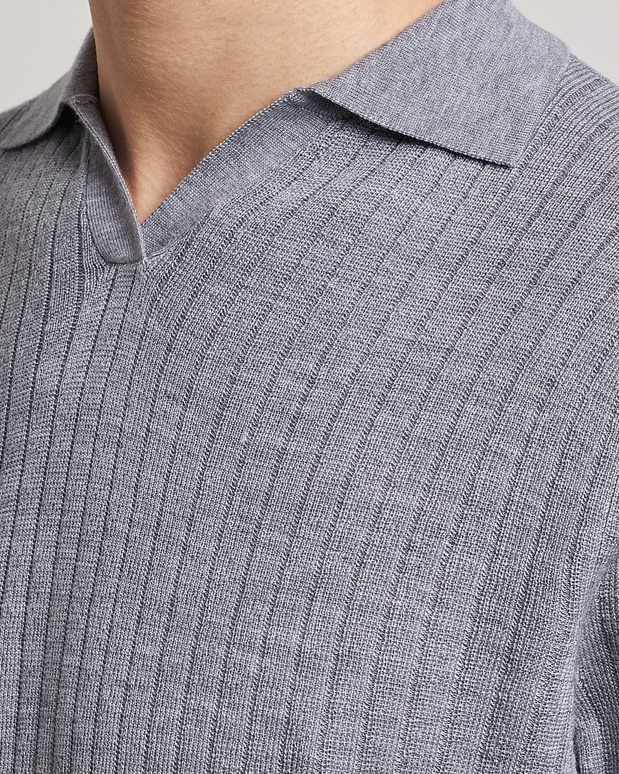Heren | Polo's | Stenströms | Merino/Lyocell Ribbed Open Collar Polo Grey
