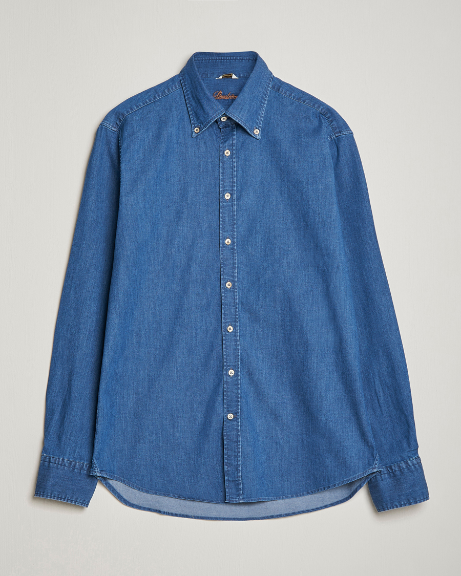 Homme | Chemises | Stenströms | Fitted Body Button Down Garment Washed Shirt Mid Blue Denim