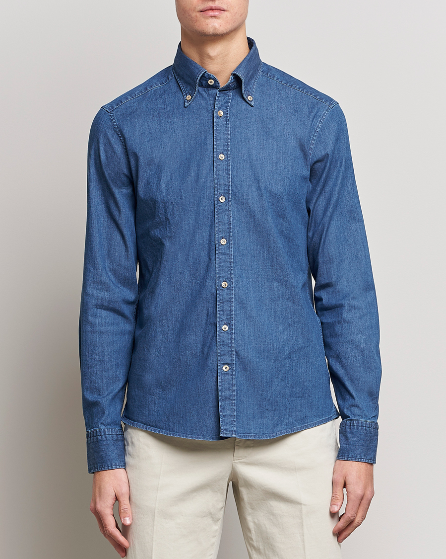 Heren | Overhemden | Stenströms | Slimline Button Down Garment Washed Shirt Mid Blue Denim
