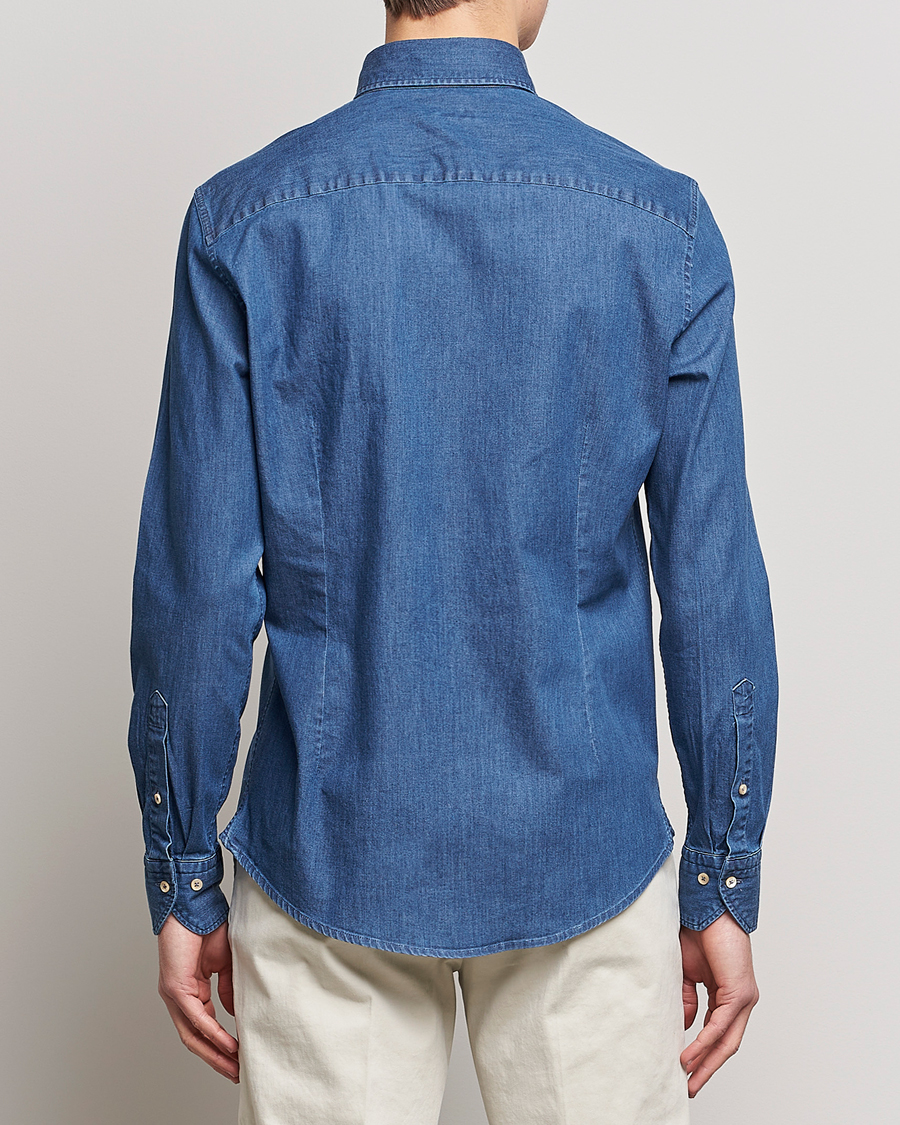 Heren | Overhemden | Stenströms | Slimline Button Down Garment Washed Shirt Mid Blue Denim