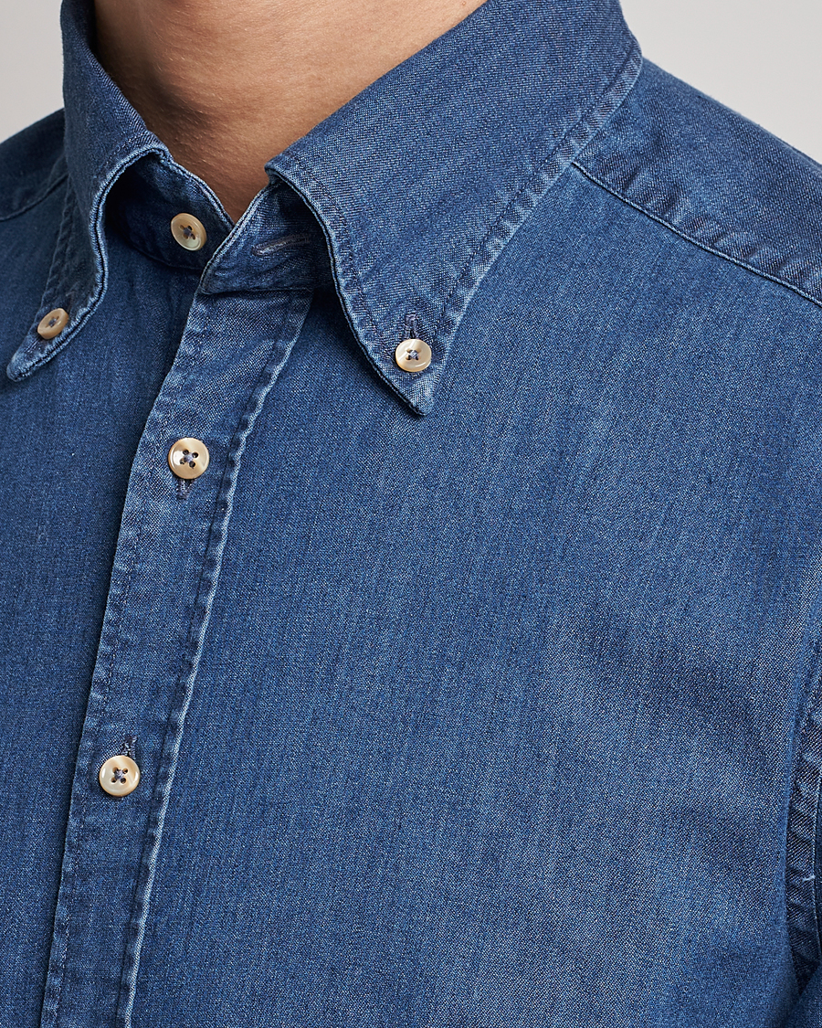 Heren | Overhemden | Stenströms | Slimline Button Down Garment Washed Shirt Mid Blue Denim