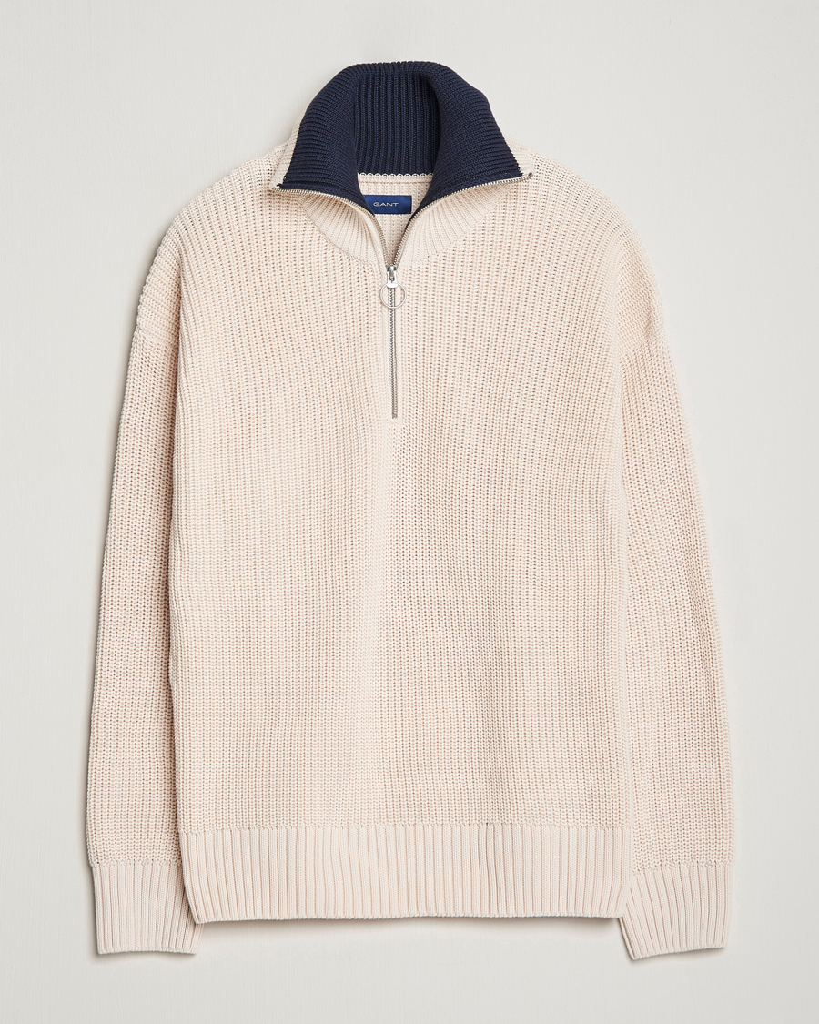 Heren | Truien | GANT | Chunky Ribbed Knitted Half-Zip Linen White