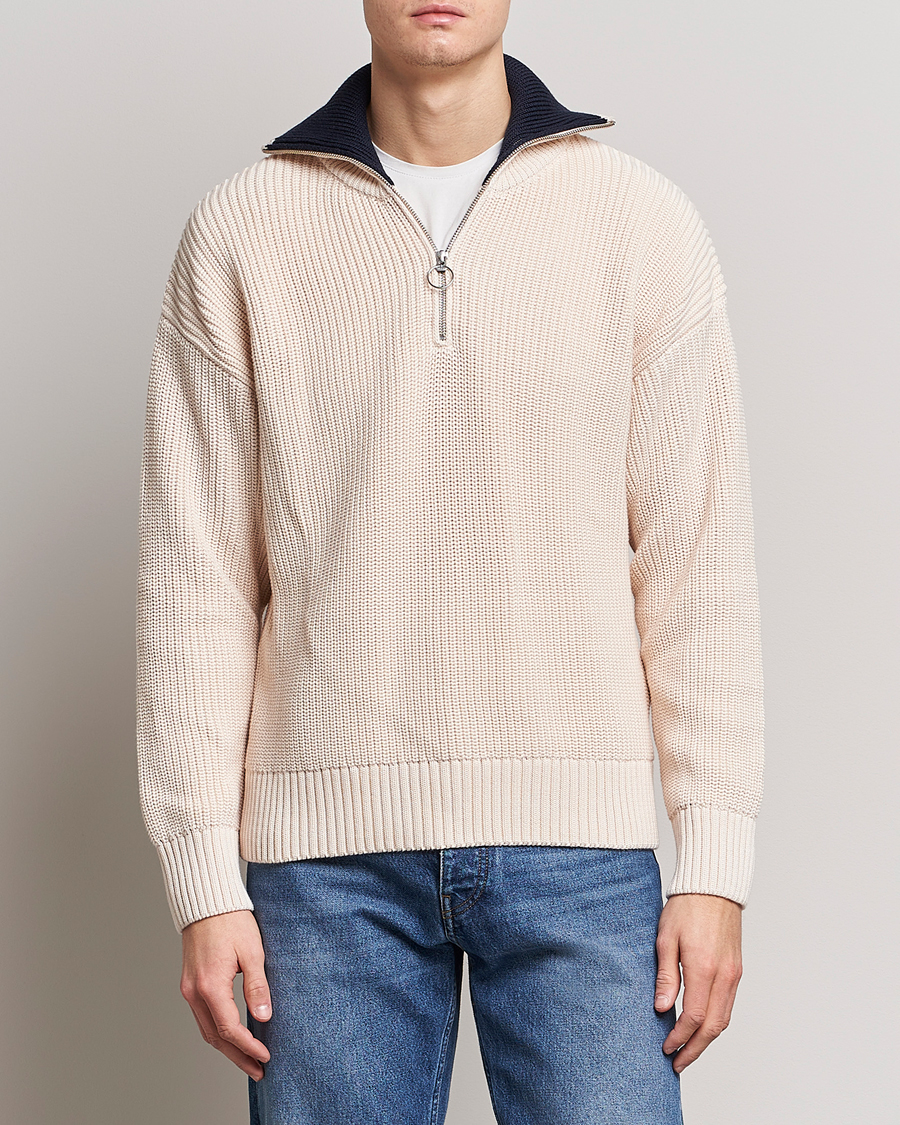 Heren | Truien | GANT | Chunky Ribbed Knitted Half-Zip Linen White