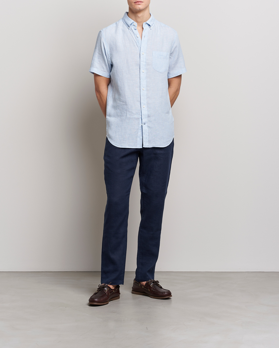 Homme | Chemises | GANT | Regular Fit Striped Linen Short Sleeve Shirt Capri Blue
