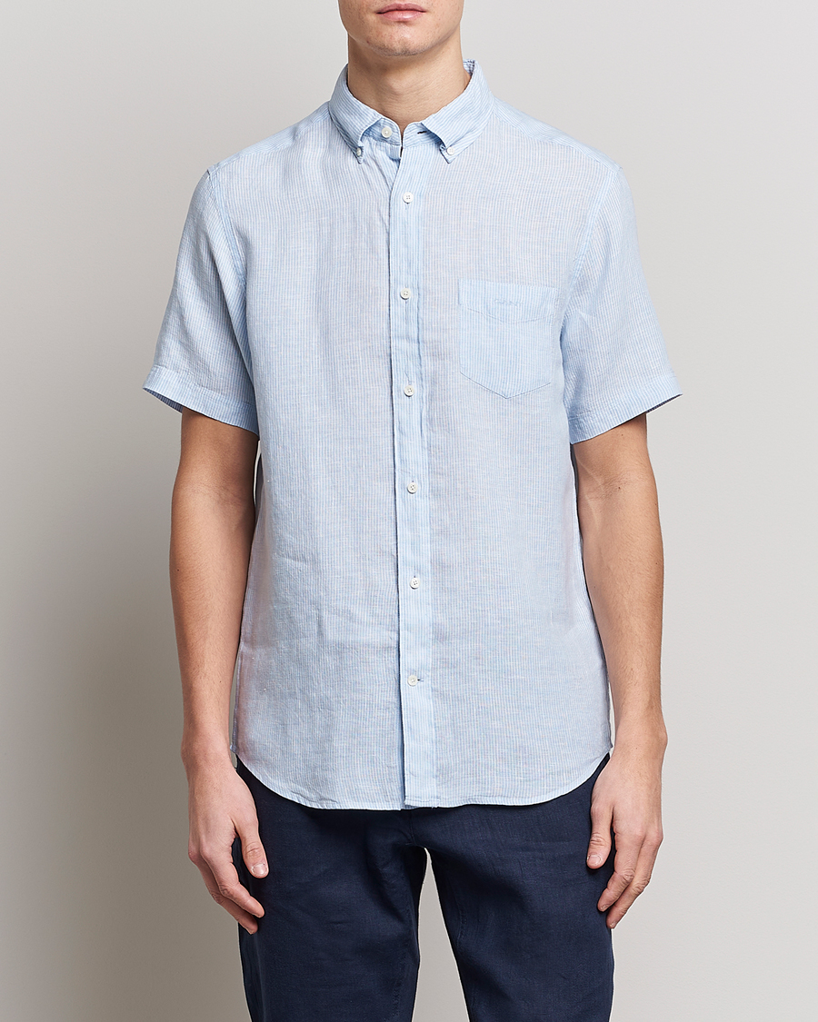 Homme | Chemises | GANT | Regular Fit Striped Linen Short Sleeve Shirt Capri Blue