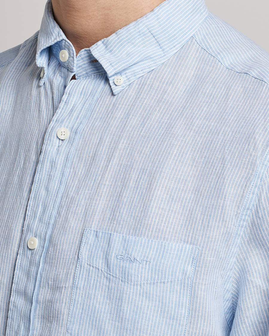 Homme | Chemises | GANT | Regular Fit Striped Linen Short Sleeve Shirt Capri Blue