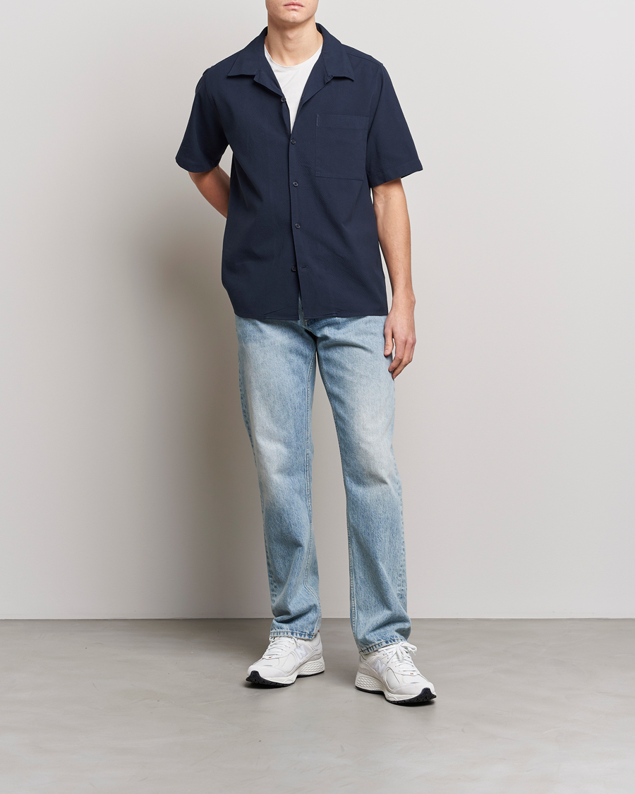 Homme | Chemises | NN07 | Julio Seersucker Short Sleeve Shirt Navy Blue