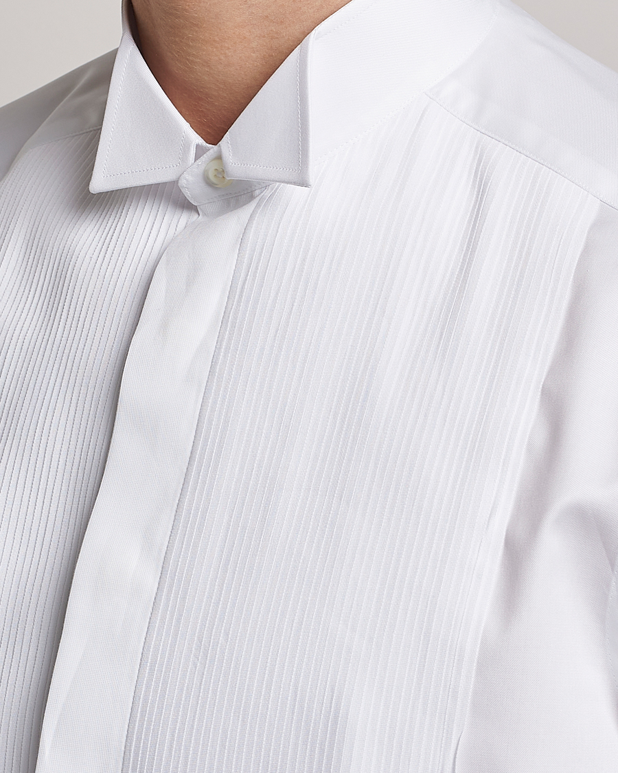 Heren | Overhemden | Stenströms | Slimline Stand Up Collar Plissè Shirt White