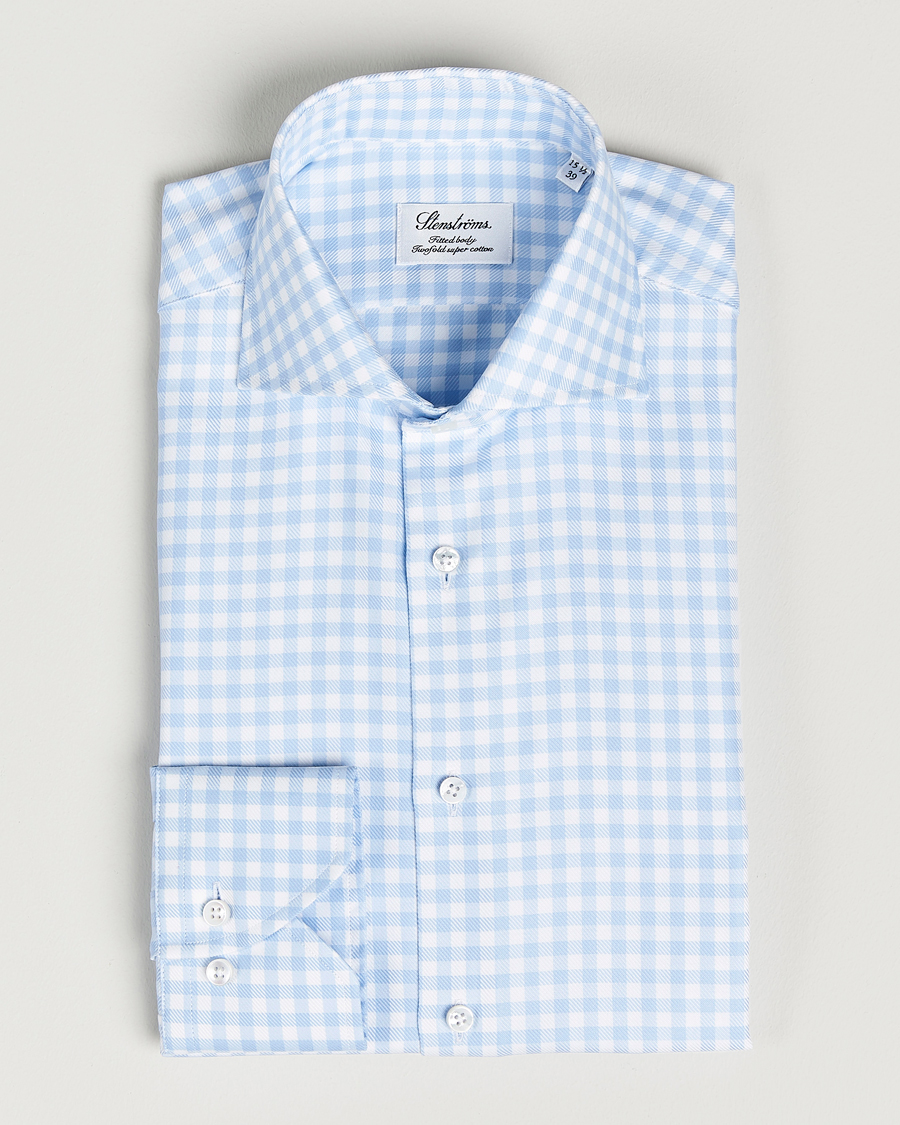 Homme | Chemises | Stenströms | Fitted Body Checked Cut Away Shirt Light Blue