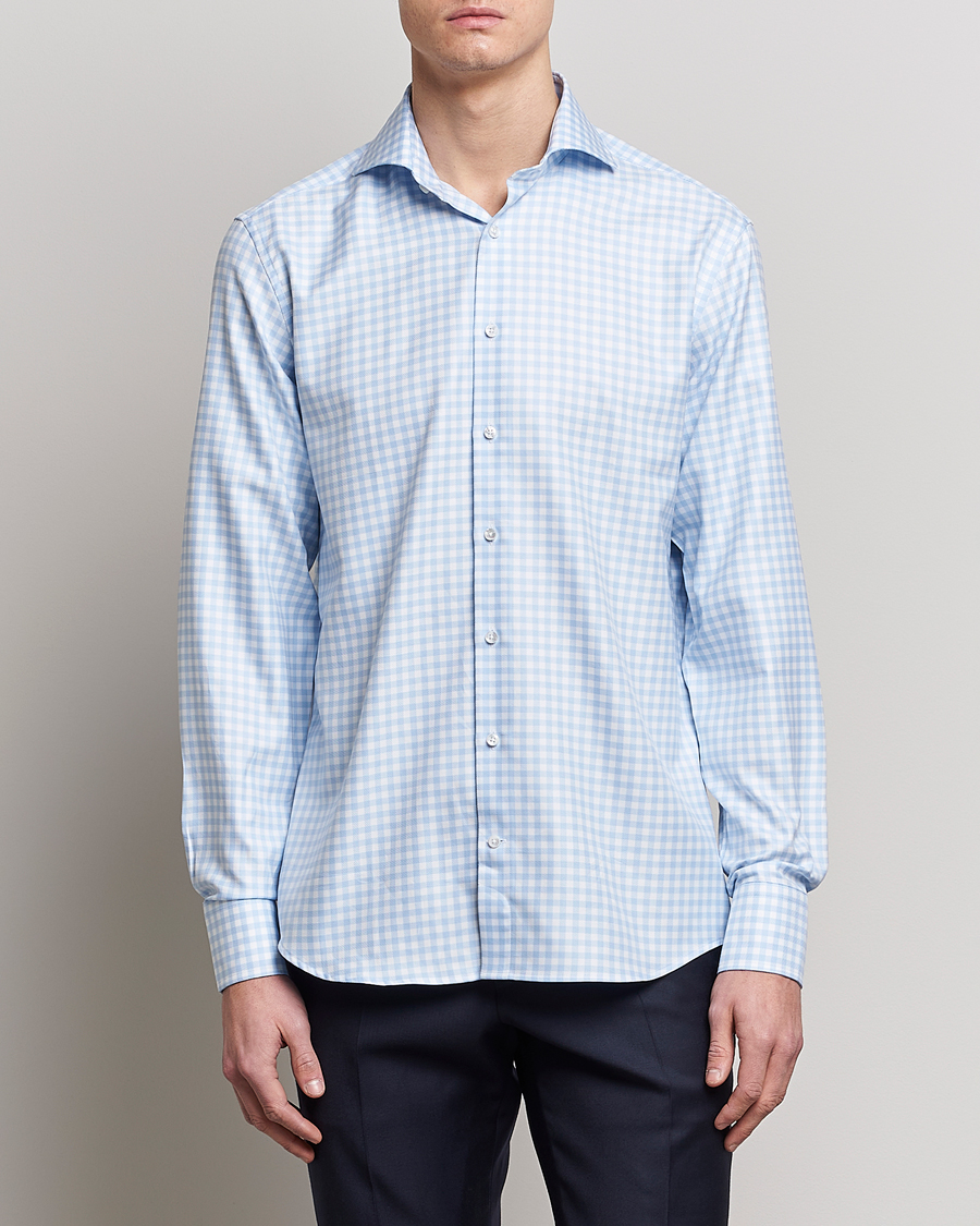 Homme | Chemises | Stenströms | Fitted Body Checked Cut Away Shirt Light Blue