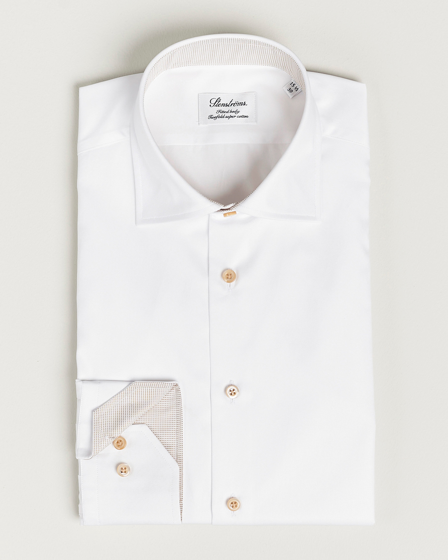 Heren | Overhemden | Stenströms | Slimline Contrast Cotton Shirt White