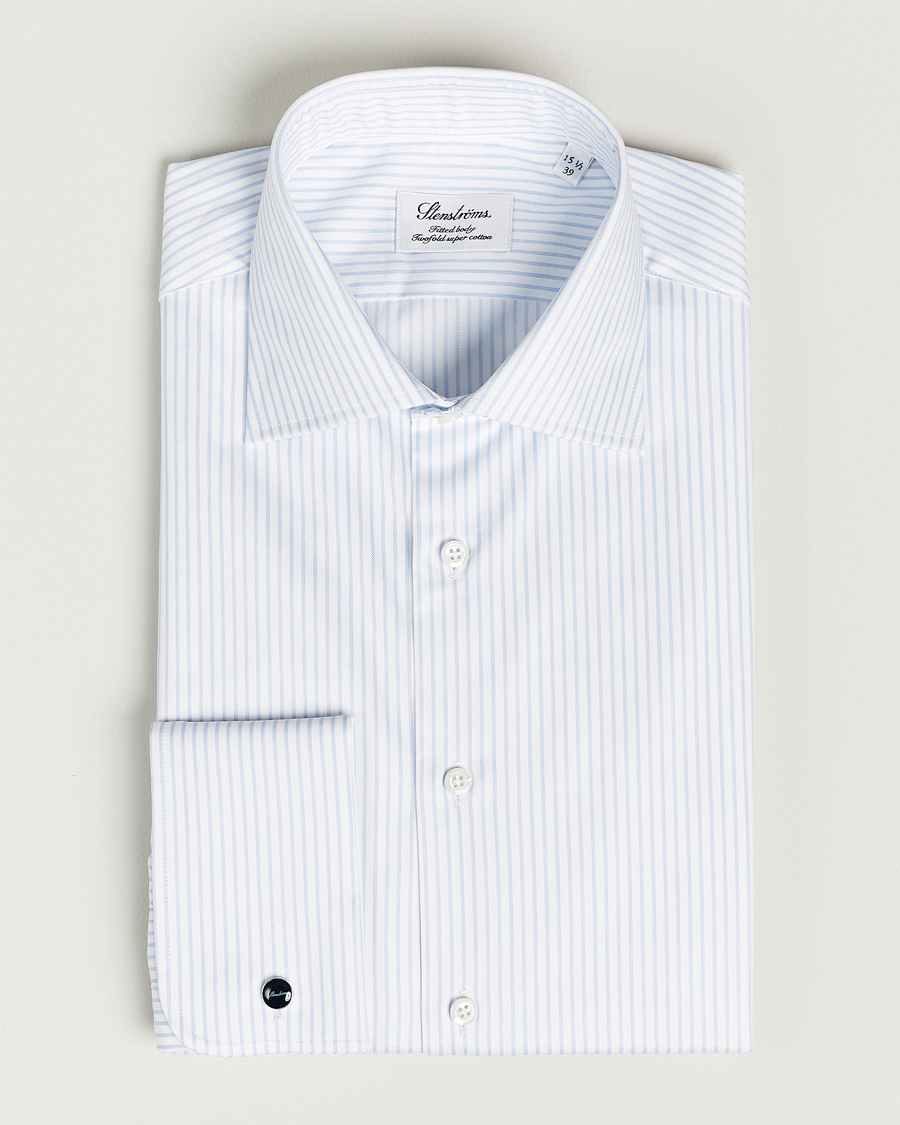 Heren | Overhemden | Stenströms | Fitted Body Cotton Double Cuff Shirt White/Blue