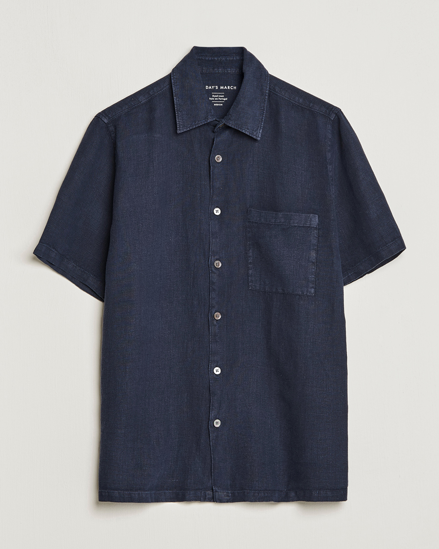 Heren | Overhemden | A Day's March | Khito Short Sleeve Linen Shirt Dark Navy