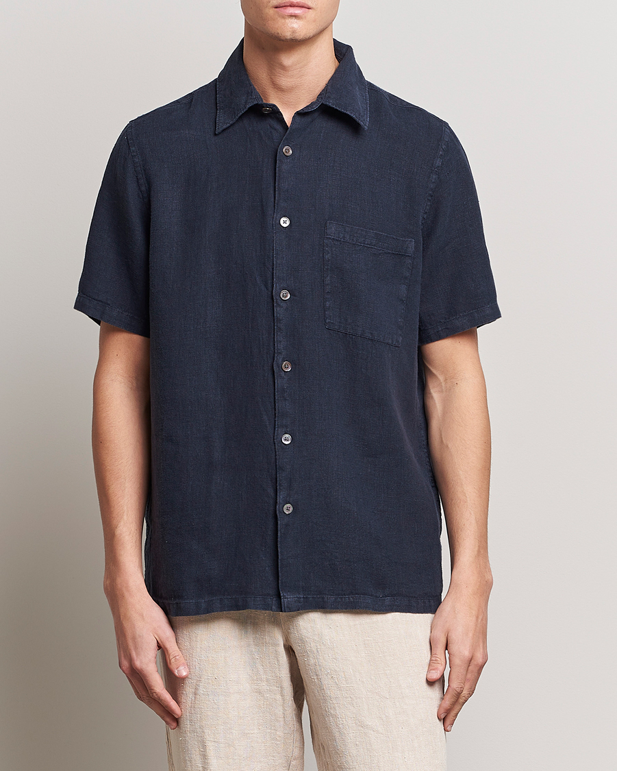Heren | Overhemden | A Day's March | Khito Short Sleeve Linen Shirt Dark Navy