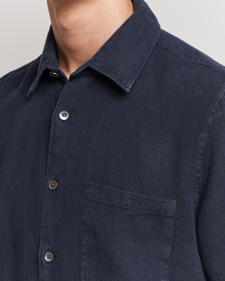 Heren | Overhemden | A Day's March | Khito Short Sleeve Linen Shirt Dark Navy