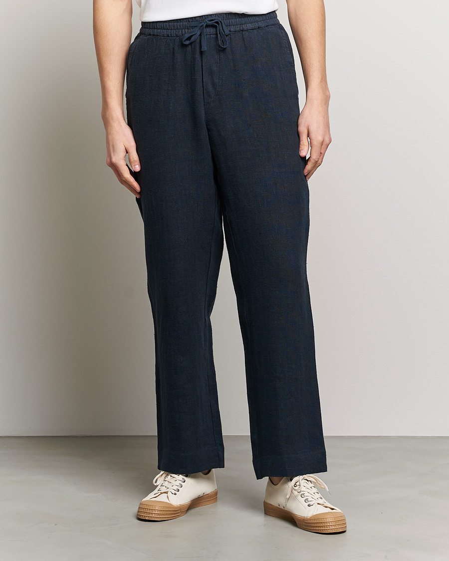 Homme | Pantalons | A Day's March | Tamait Drawstring Linen Trousers Navy