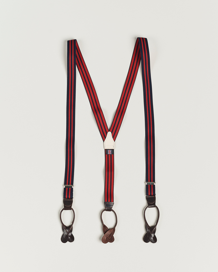 Homme | Albert Thurston Elastic Narrow Stripe Braces 25mm Navy/Red | Albert Thurston | Elastic Narrow Stripe Braces 25mm Navy/Red