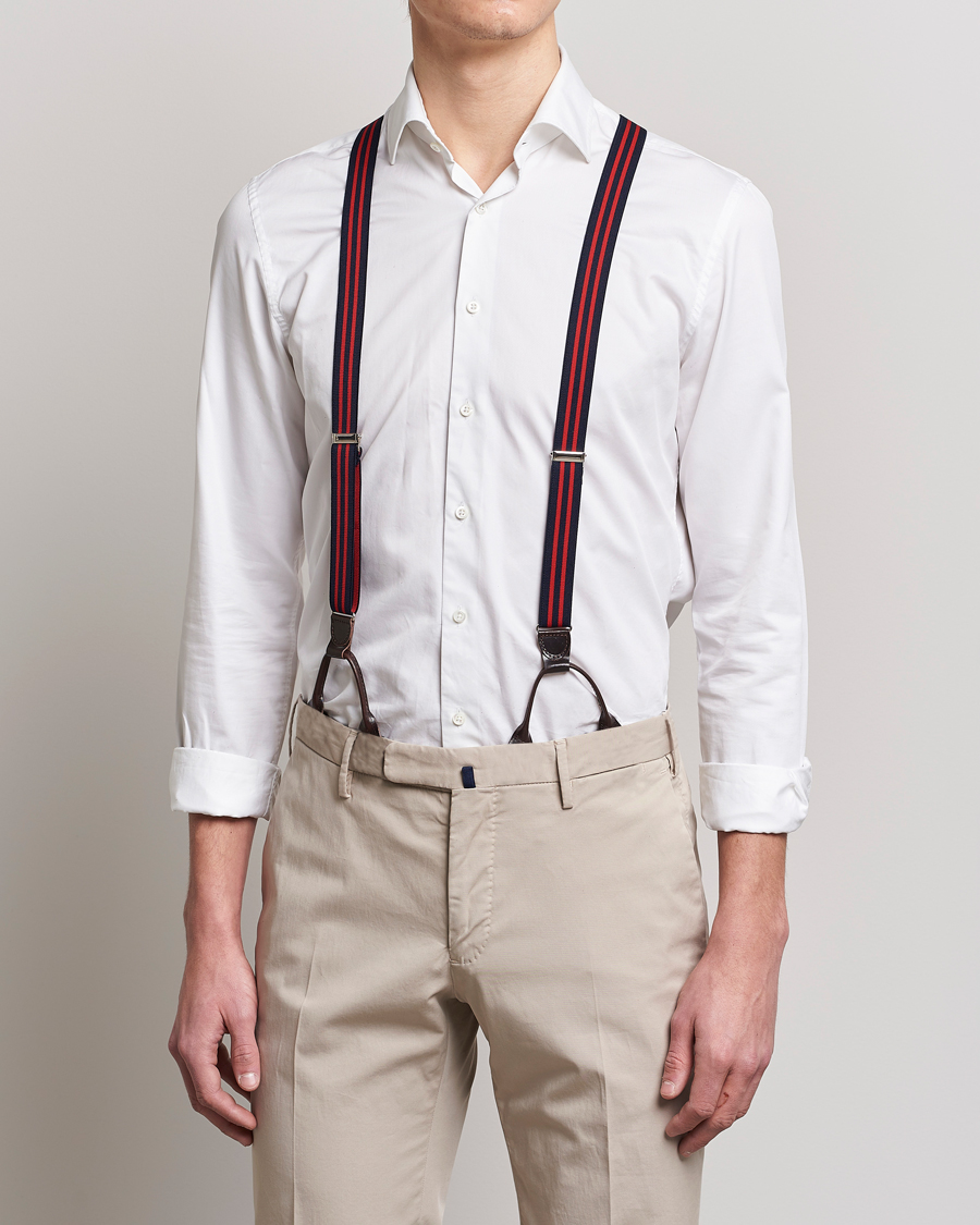 Homme | Albert Thurston Elastic Narrow Stripe Braces 25mm Navy/Red | Albert Thurston | Elastic Narrow Stripe Braces 25mm Navy/Red