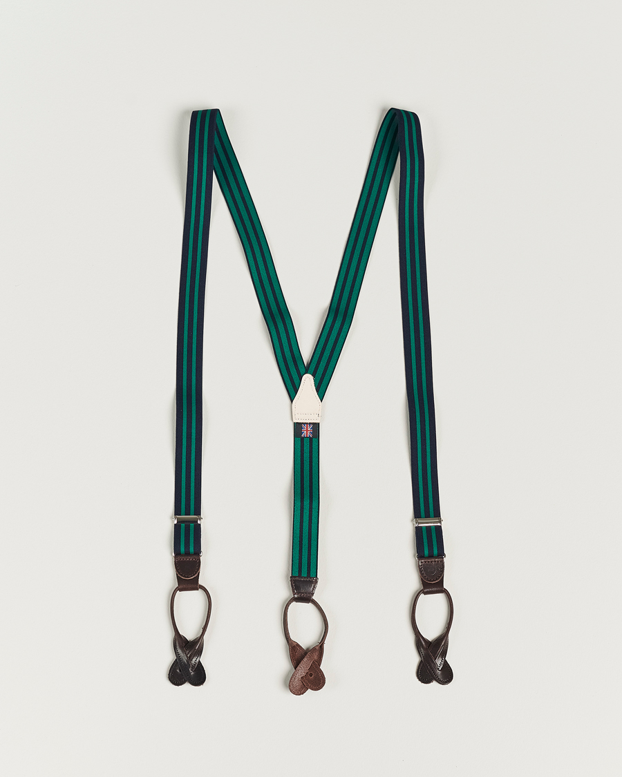 Homme | Albert Thurston Elastic Narrow Stripe Braces 25mm Navy/Green | Albert Thurston | Elastic Narrow Stripe Braces 25mm Navy/Green