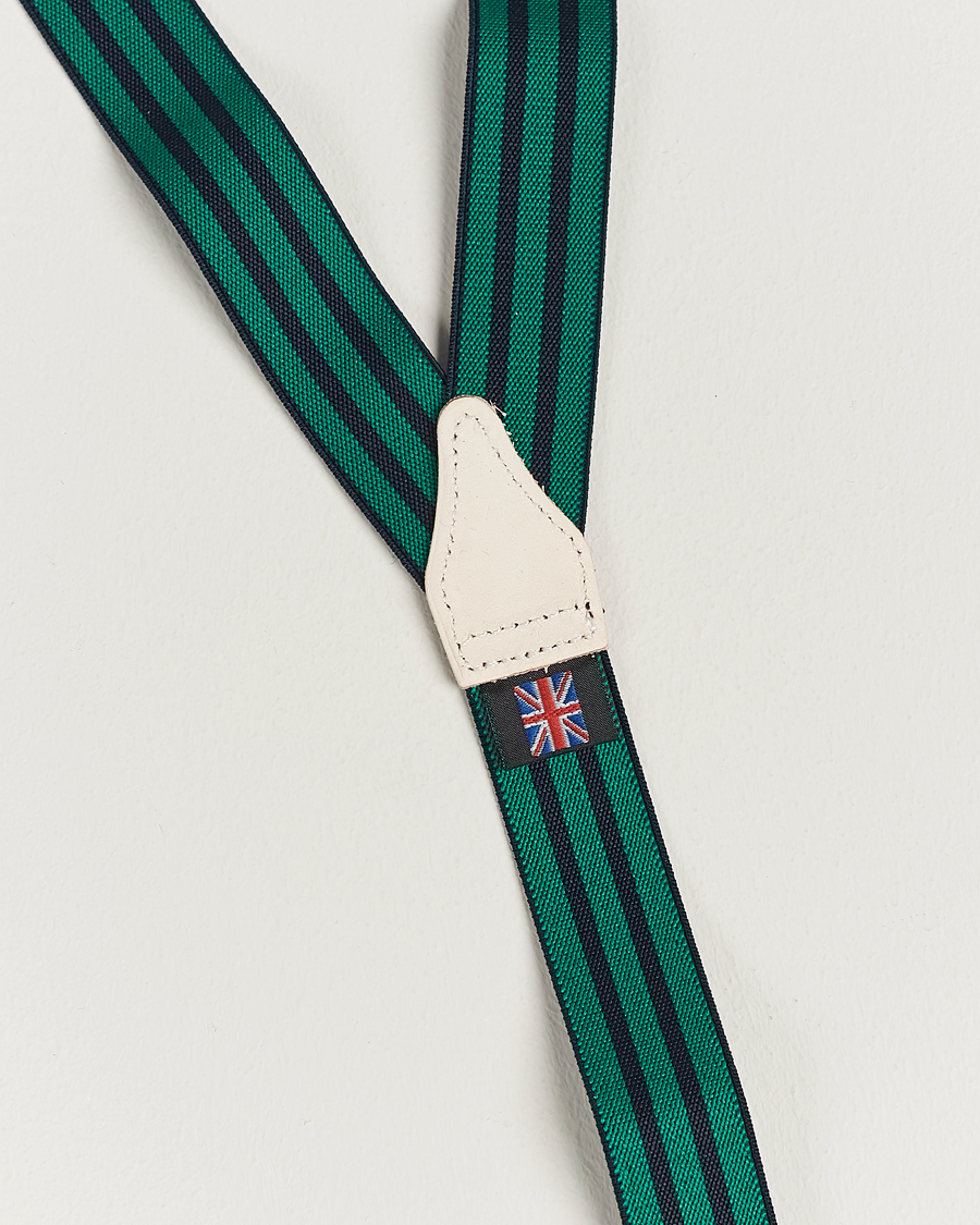 Homme | Albert Thurston Elastic Narrow Stripe Braces 25mm Navy/Green | Albert Thurston | Elastic Narrow Stripe Braces 25mm Navy/Green
