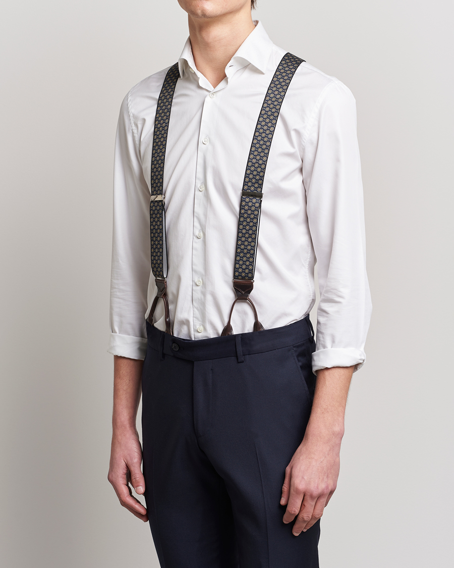 Heren | Albert Thurston Elastic Medallion Printed Braces 35mm Blue | Albert Thurston | Elastic Medallion Printed Braces 35mm Blue