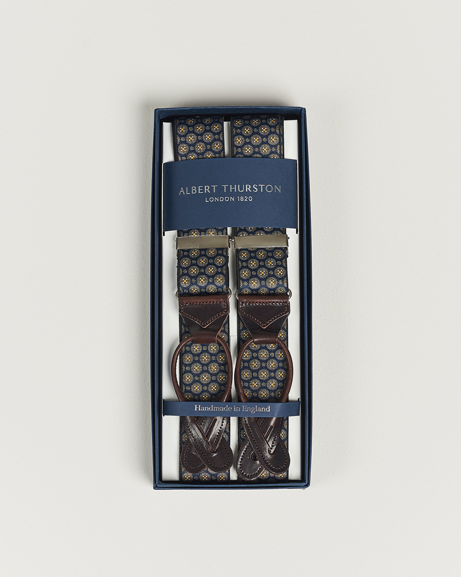 Homme | Albert Thurston Elastic Medallion Printed Braces 35mm Blue | Albert Thurston | Elastic Medallion Printed Braces 35mm Blue