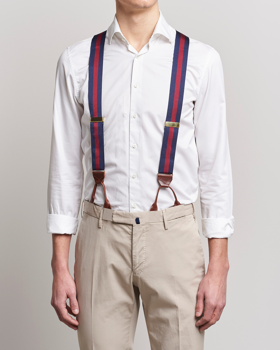 Homme | Albert Thurston Elastic Wide Stripe Braces 40mm Navy/Wine | Albert Thurston | Elastic Wide Stripe Braces 40mm Navy/Wine