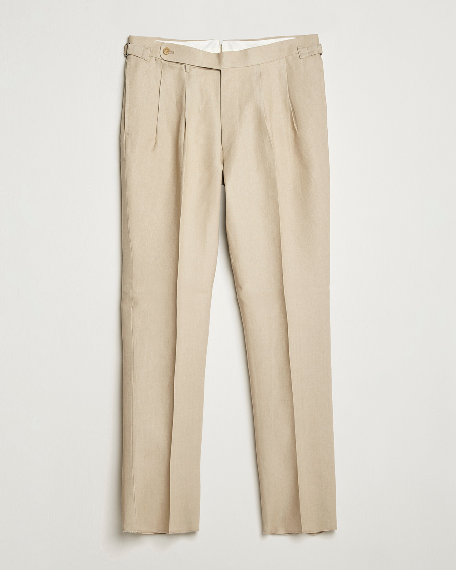 Heren | Broeken | Beams F | Pleated Linen Trousers Beige
