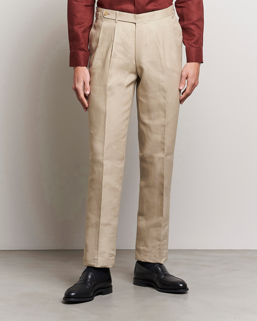 Heren | Broeken | Beams F | Pleated Linen Trousers Beige