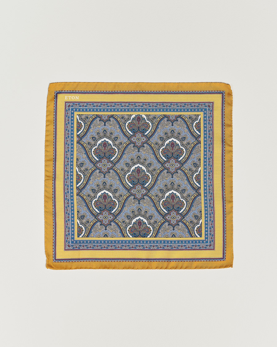 Homme | Eton Silk Paisley Print Pocket Square Yellow | Eton | Silk Paisley Print Pocket Square Yellow