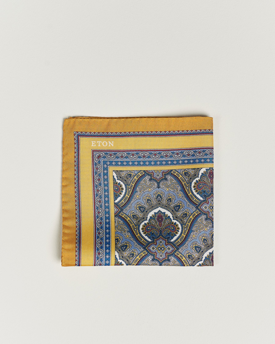 Homme | Eton Silk Paisley Print Pocket Square Yellow | Eton | Silk Paisley Print Pocket Square Yellow