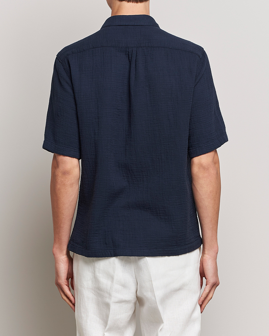 Heren | Overhemden | Oscar Jacobson | Short Sleeve City Crepe Cotton Shirt Navy