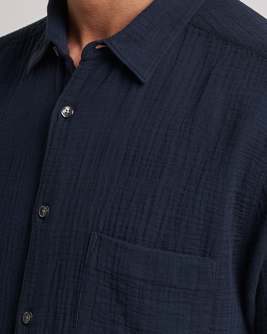 Heren | Overhemden | Oscar Jacobson | Short Sleeve City Crepe Cotton Shirt Navy