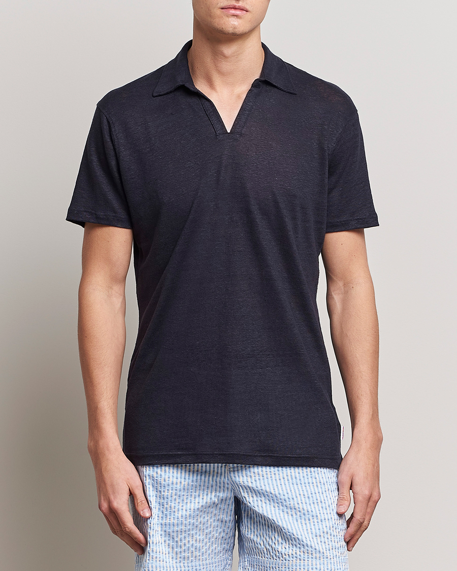 Homme | Polos | Orlebar Brown | Felix Placket Short Sleeve Linen Polo Night Iris